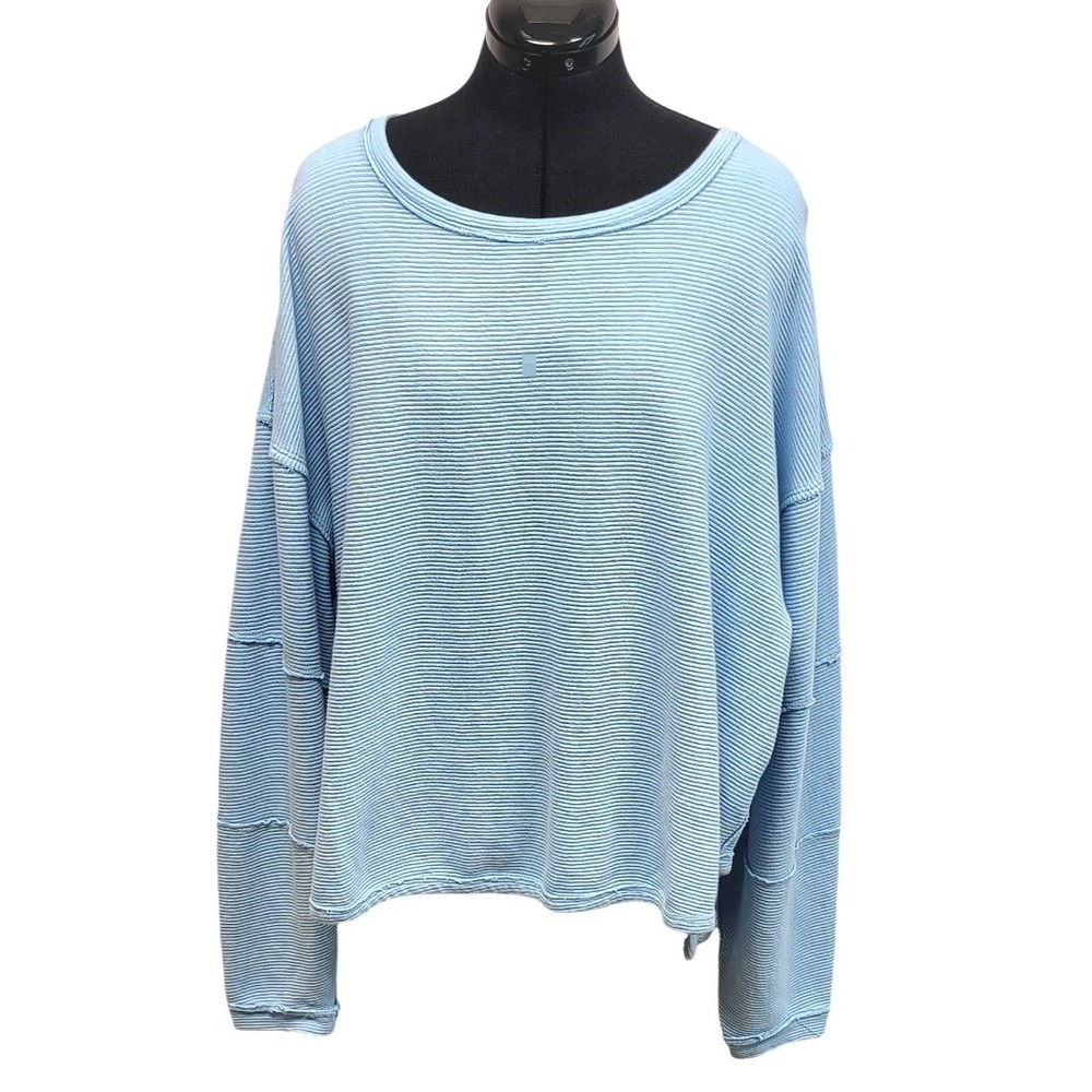Free People Light Blue Ribbed Oversized Long Sleeve Top Raw Edge Seam Detail M
